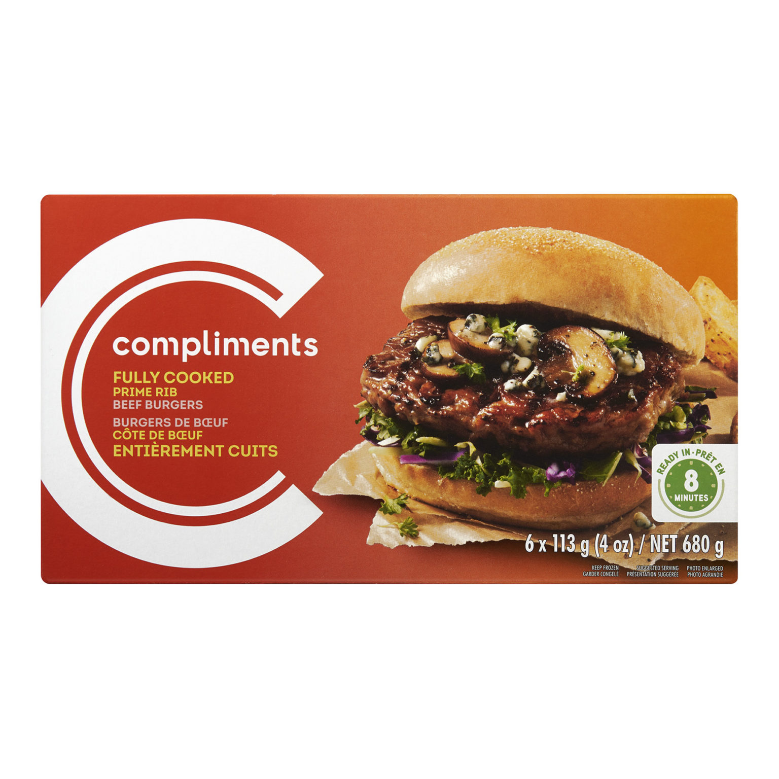Fully Cooked Prime Rib Beef Burgers 6 Patties 680 g Compliments.ca