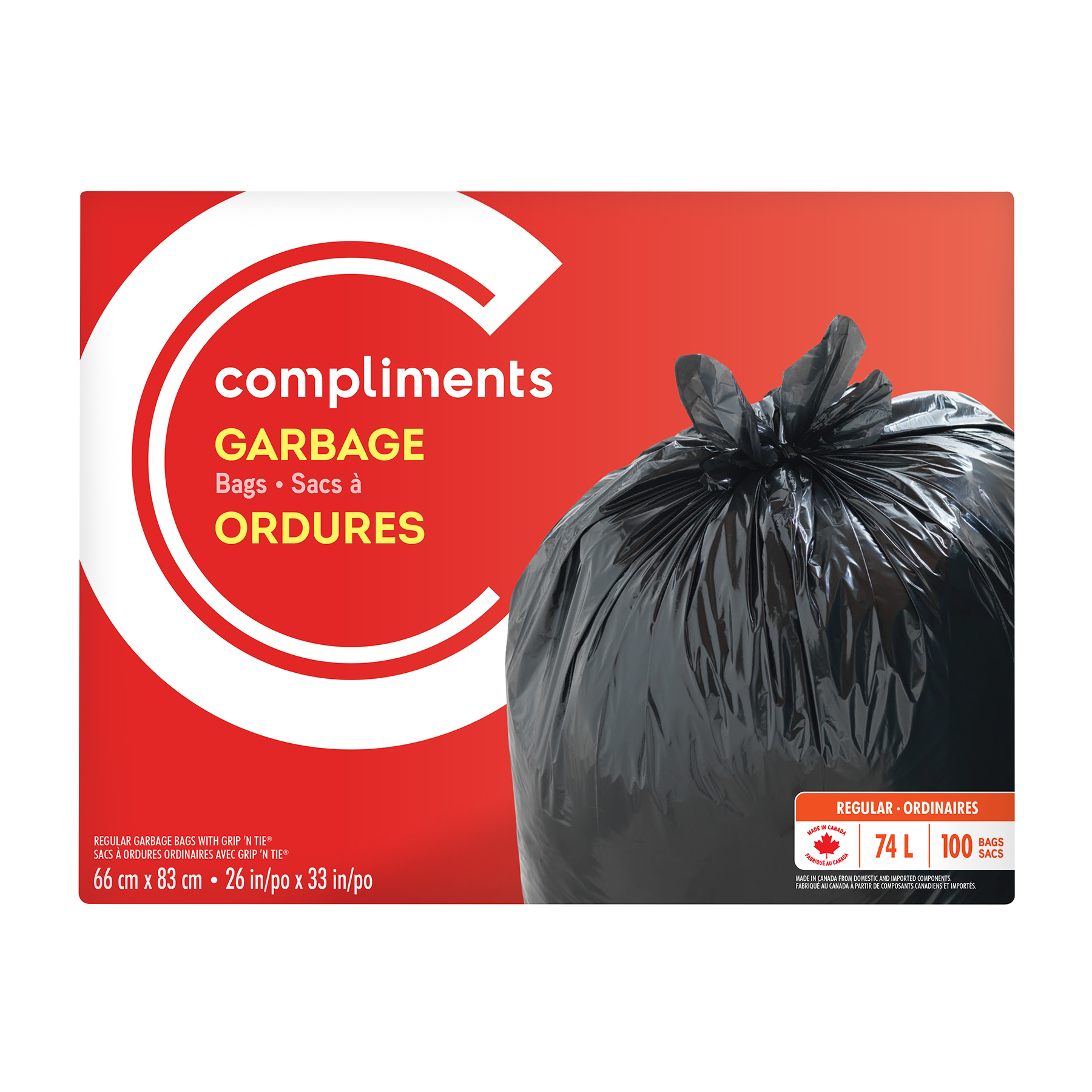 Garbage Bags Regular 67 L 100 EA Compliments.ca