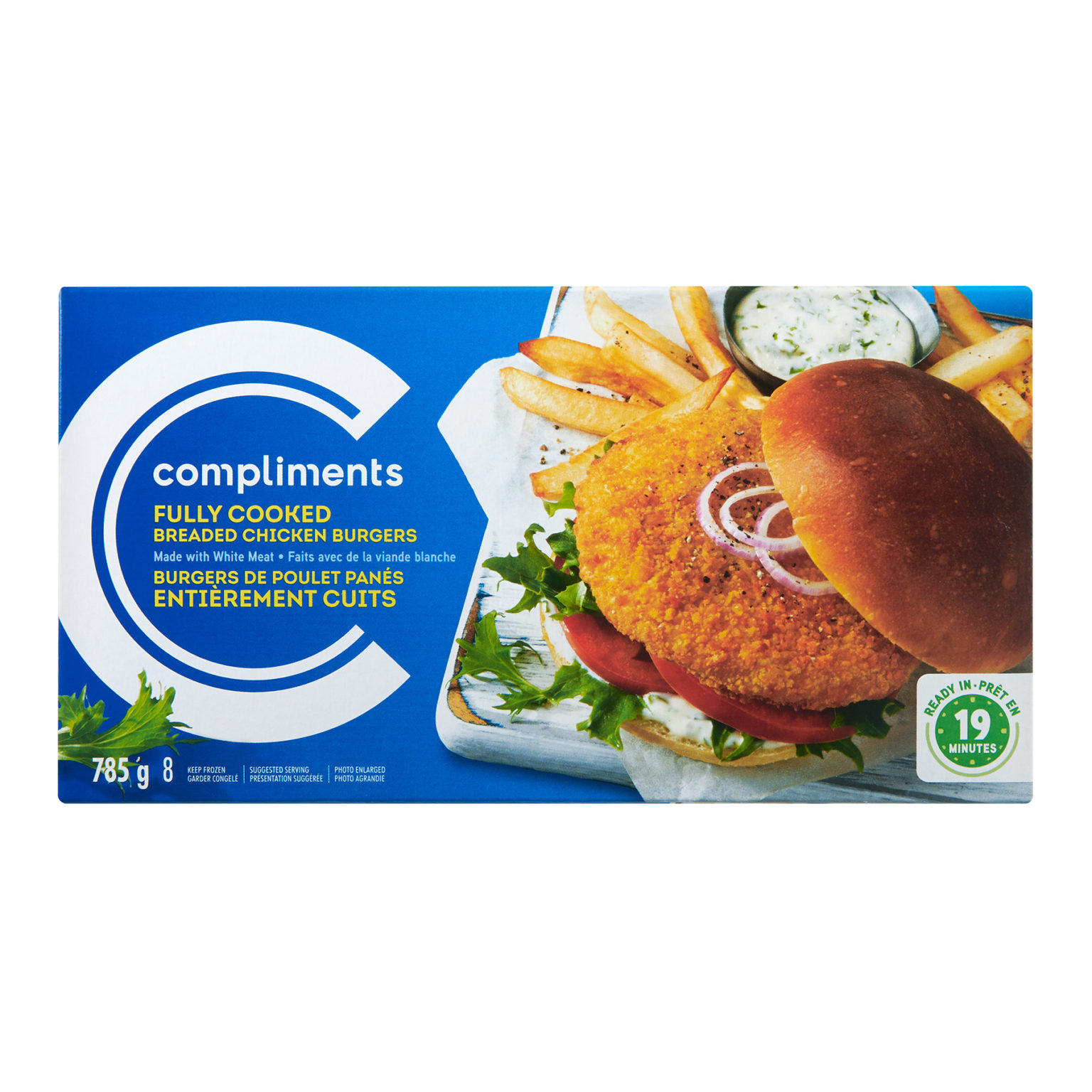 Fully Cooked Breaded Chicken Burgers 8 Patties 785 g Compliments.ca