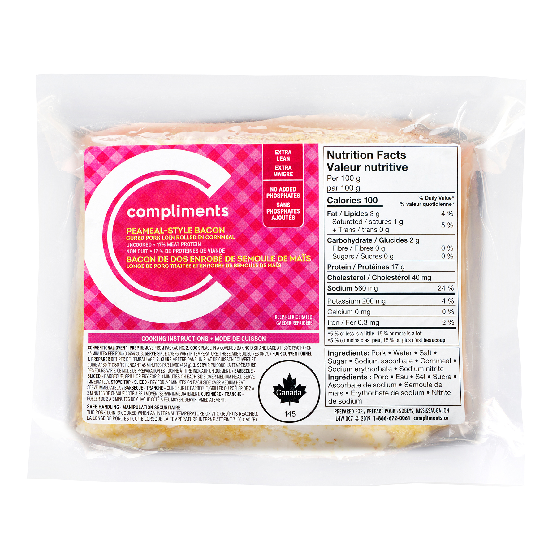 Peameal Bacon Chub ExtraLean Compliments.ca