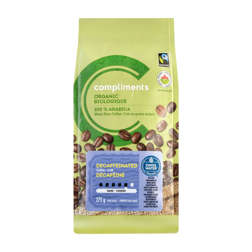 Café décaféiné grains entiers équitable Biologique, 275 g
