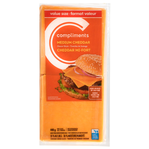 Slices Cheese Cheddar Medium 440 g Compliments.ca