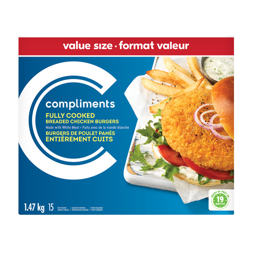 Breaded, Fully Cooked Chicken Burger 1.47 kg Compliments.ca