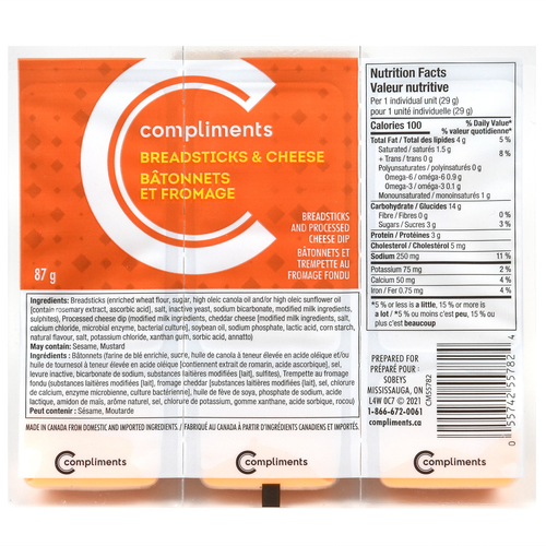 Snack Breadsticks & Cheese Dip 3 Pack 3 x 29 g Compliments.ca