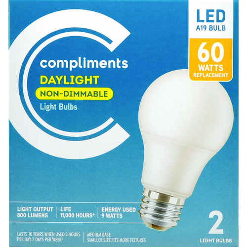 LED Light Bulbs A19 60W Daylight Non Dimmable 2 EA Compliments