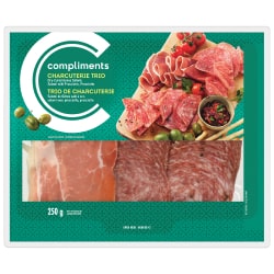 Green plastic package of Genoa Salami, Salami with Prosciutto & Prosciutto