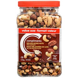 Clear pastic container of Compliments deluxe mixed nuts