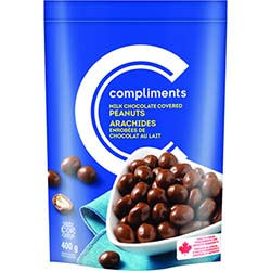 Blue plastic bag of Milk Chocolate Covered Peanuts with white Compliments branding on front