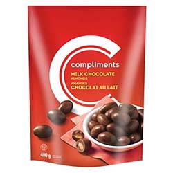 Red plastic standing package of milk chocolate coated almonds