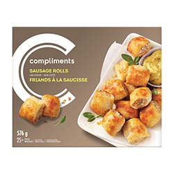 brown box of Compliments sausage rolls
