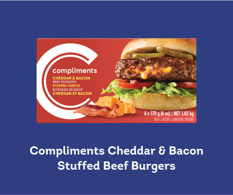 Red cardboard package of Compliments Cheddar and Bacon stuffed beef burgers