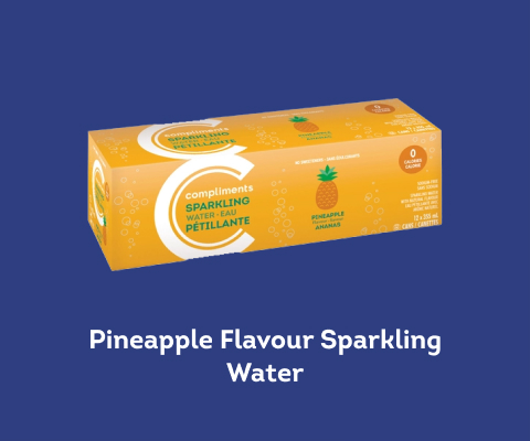 yellow box of 12 cans of Compliments pineapple flavour sparkling water