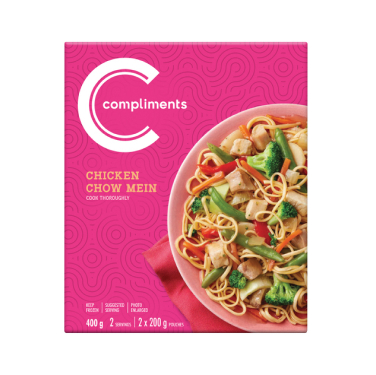 Pink box of frozen Compliments Chicken Chow Mein