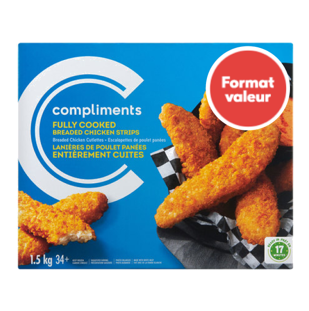 Lanières de poulet panées entièrement cuites, 1.5kg