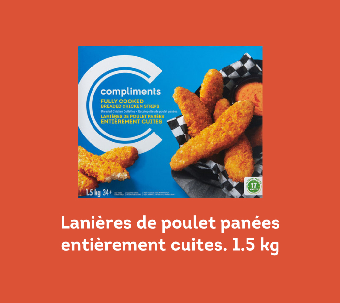 Lanières de poulet panées entièrement cuites. 1.5kg