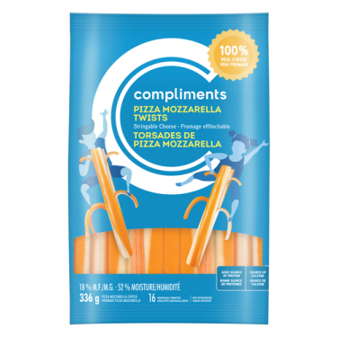 Blue resealable bag of Compliments Pizza Mozzarella Twists Stringable Cheese