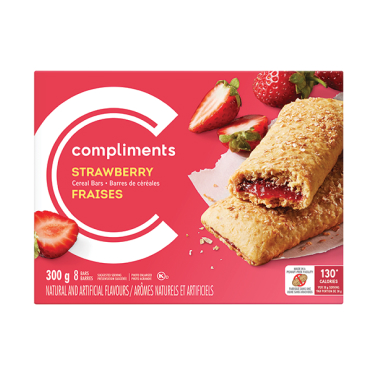 Pink box of Compliments Strawberrry Cereal Bars