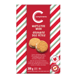 Red, white, and green striped box of Mistletoe Wish Cookies