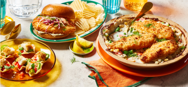 Photo of Salt and malt vinegar breaded cod in a sandwich, as taco bites, and in a fish pie.