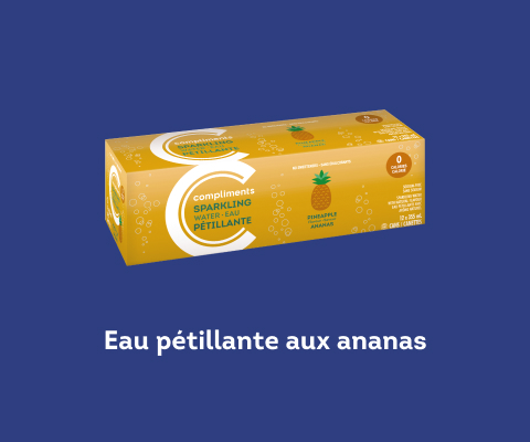 boîte jaune de 12 canettes d'eau gazeuse à saveur d'ananas Compliments