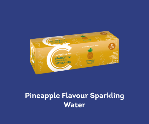 yellow box of 12 cans of Compliments pineapple flavour sparkling water