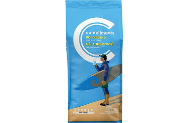 Blue package of bold blend ground coffee