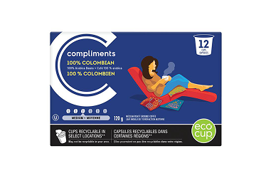 Blue package of 100% Colombian medium roast coffee cups
