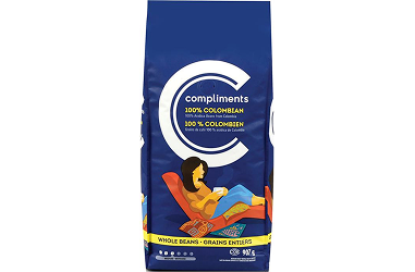 Blue package of 100% Colombian whole bean coffee
