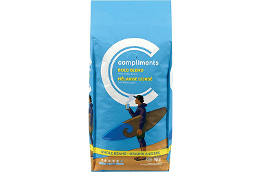 Blue package of bold blend coffee