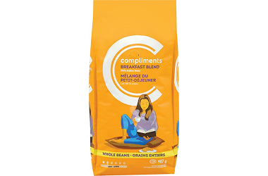 Yellow package of whole bean breakfast blend