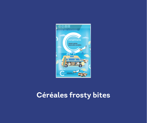 Céréales frosty bites Compliments dans un emballage bleu