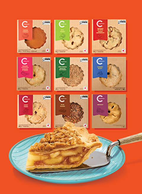 Slice of pie on plate with packshots beside on an orange background